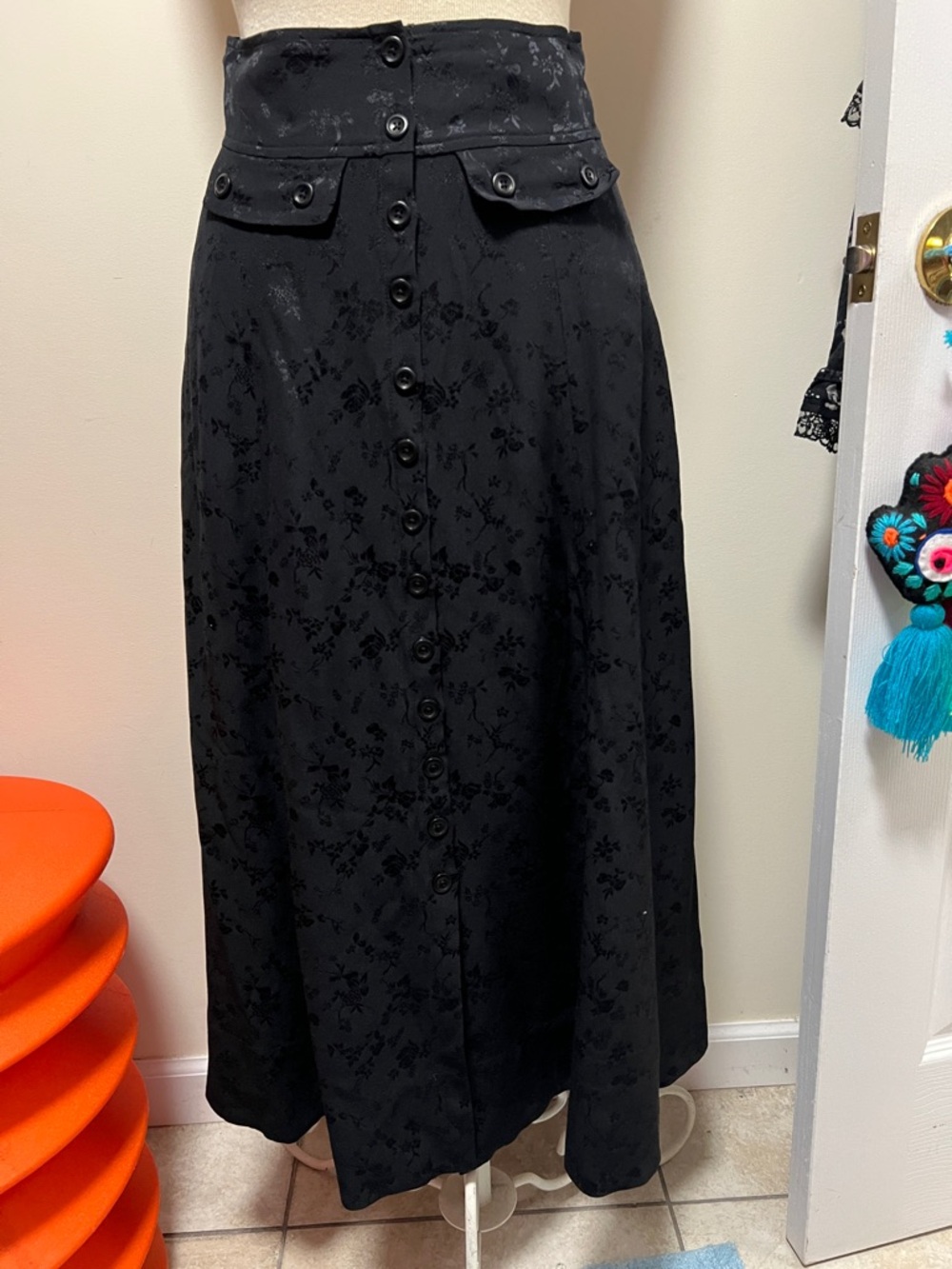 Mayle Black Floral Jacquard Button-Front Maxi Skirt